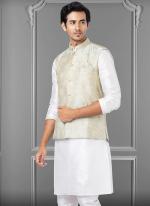 Jacquard Silk Off White Festival Wear Embroidery Work Readymade Men's Waistcoat